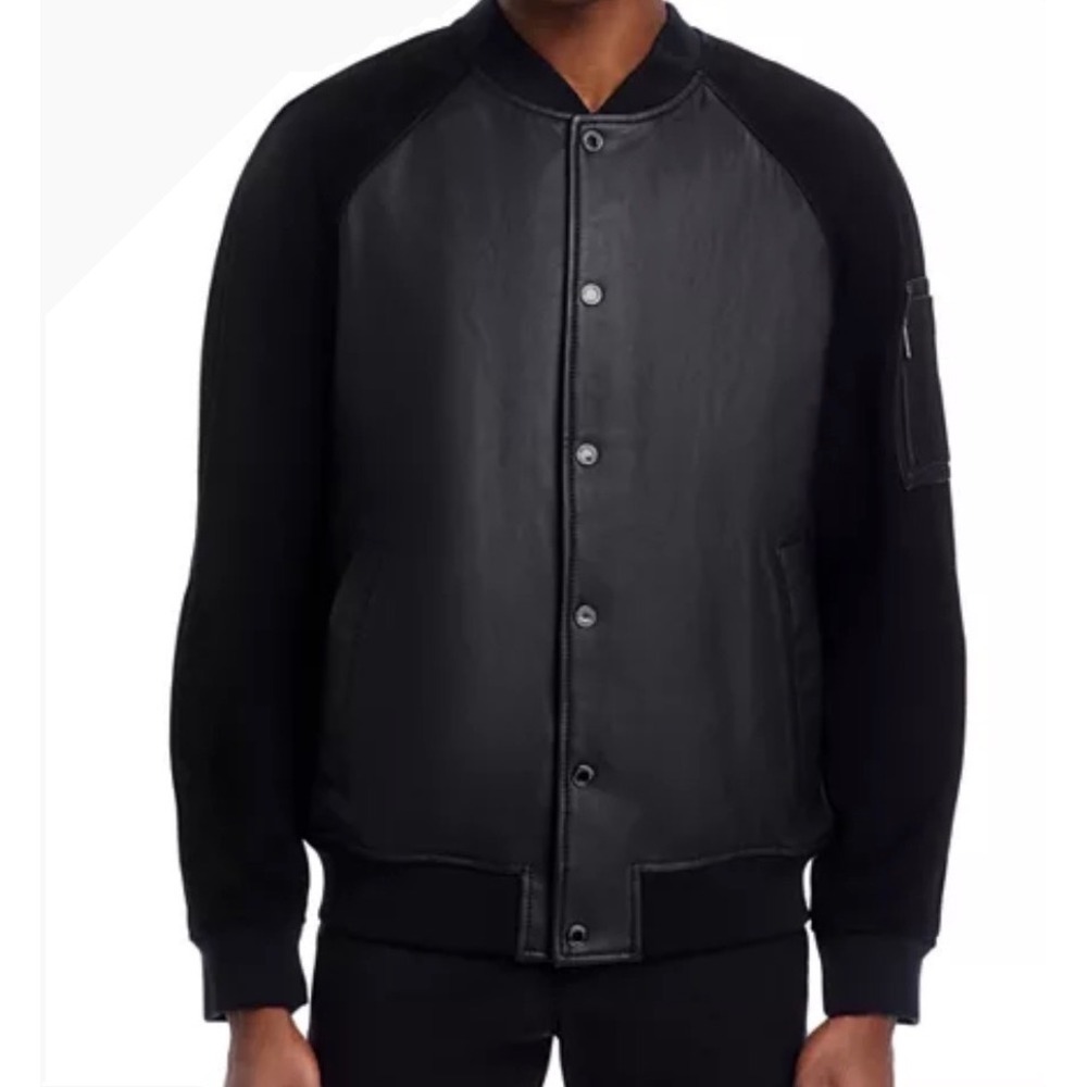 Karl Lagerfeld Bomber Jacket Men XL Black Regular Fit Varsity Leather Suede NWT